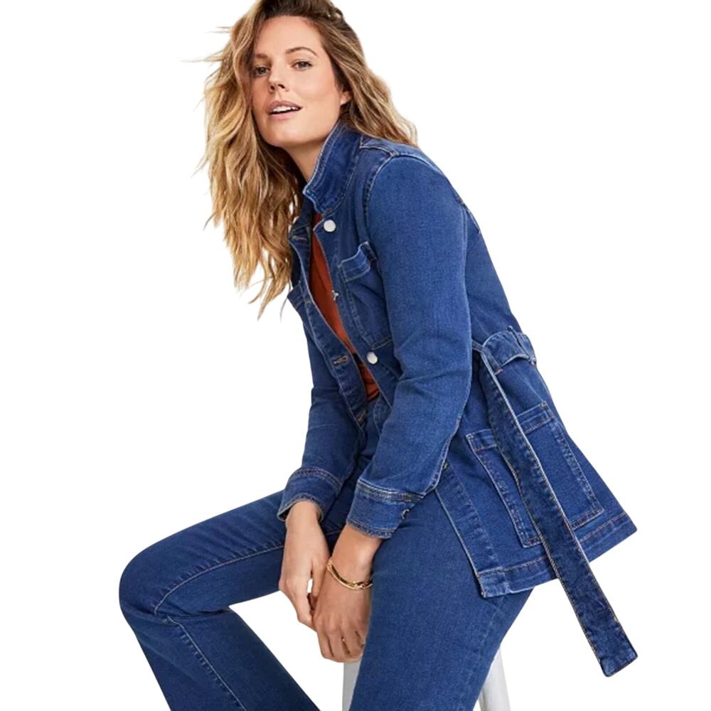 On 34th Women's Belted Denim Wrap Jacket Long Length Fall Winter Medium Wash XS - Picture 4 of 16